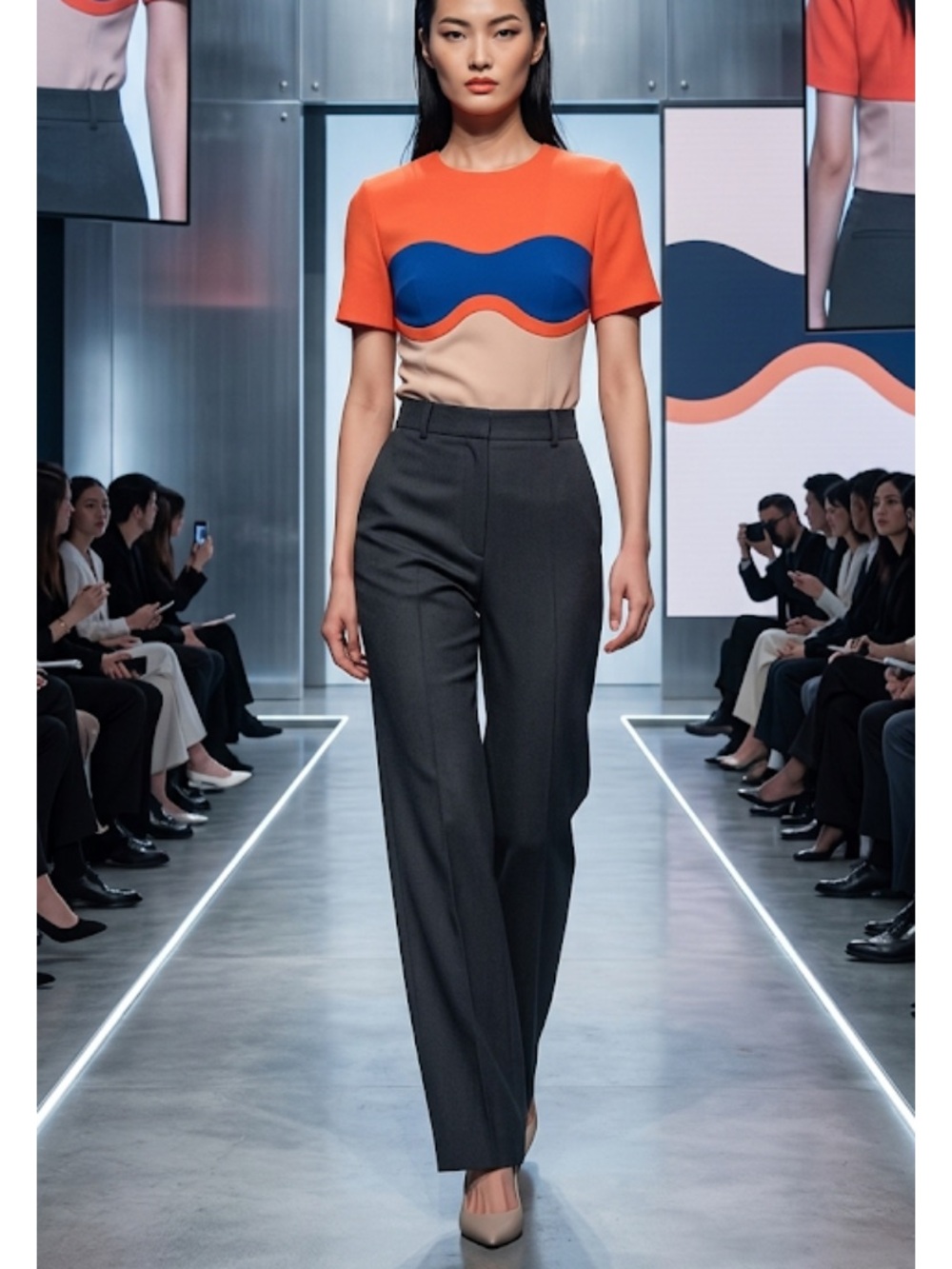 Colorblock Wave Short-Sleeve Top in Orange, Blue & Beige